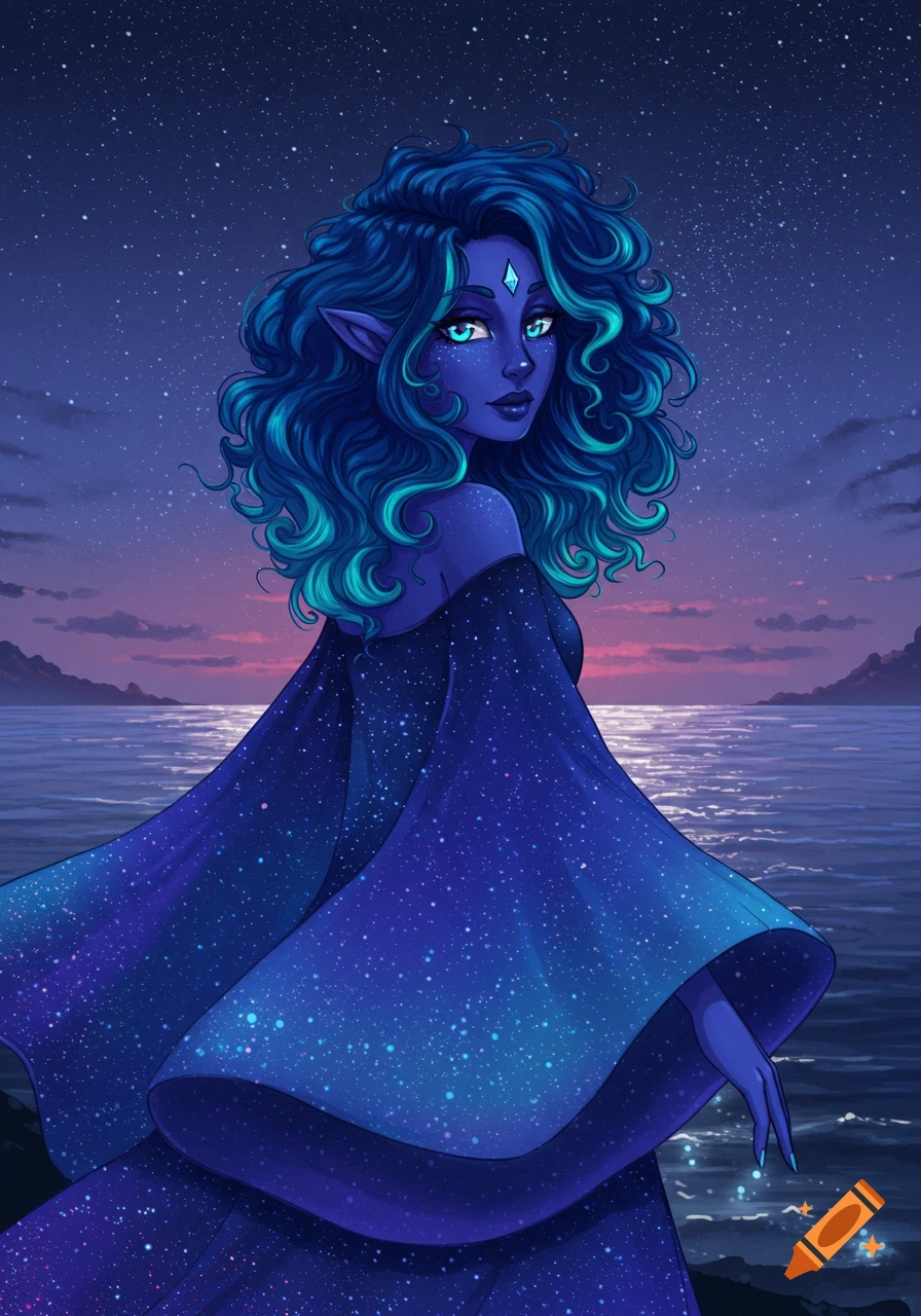 Anime style cosmic elf woman with blue skin and starry dress, standing by a moonlit ocean under a starry night sky.