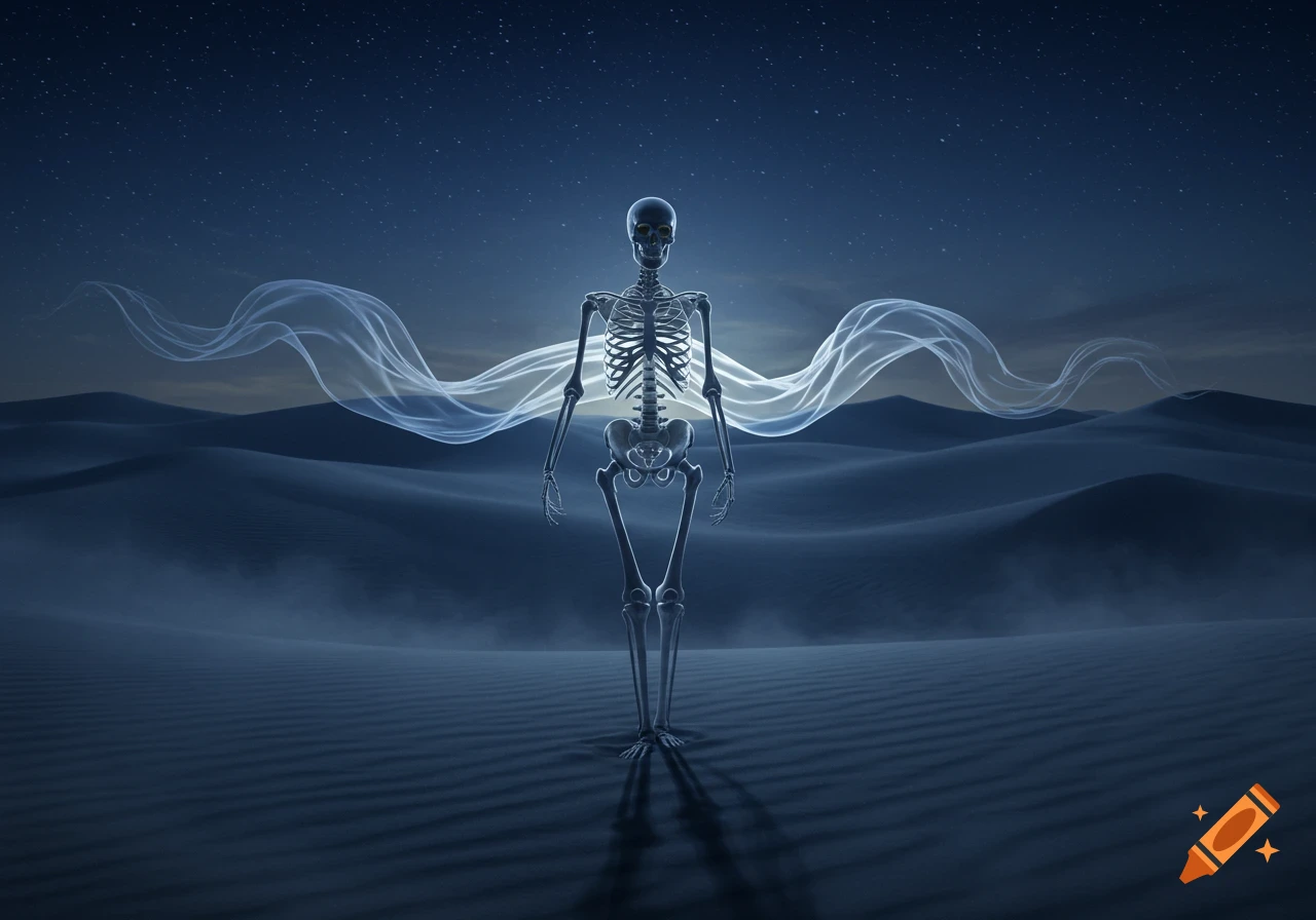 A full skeleton stands upright in a dark desert under a starry night sky, enveloped by ethereal blue wavy light.
