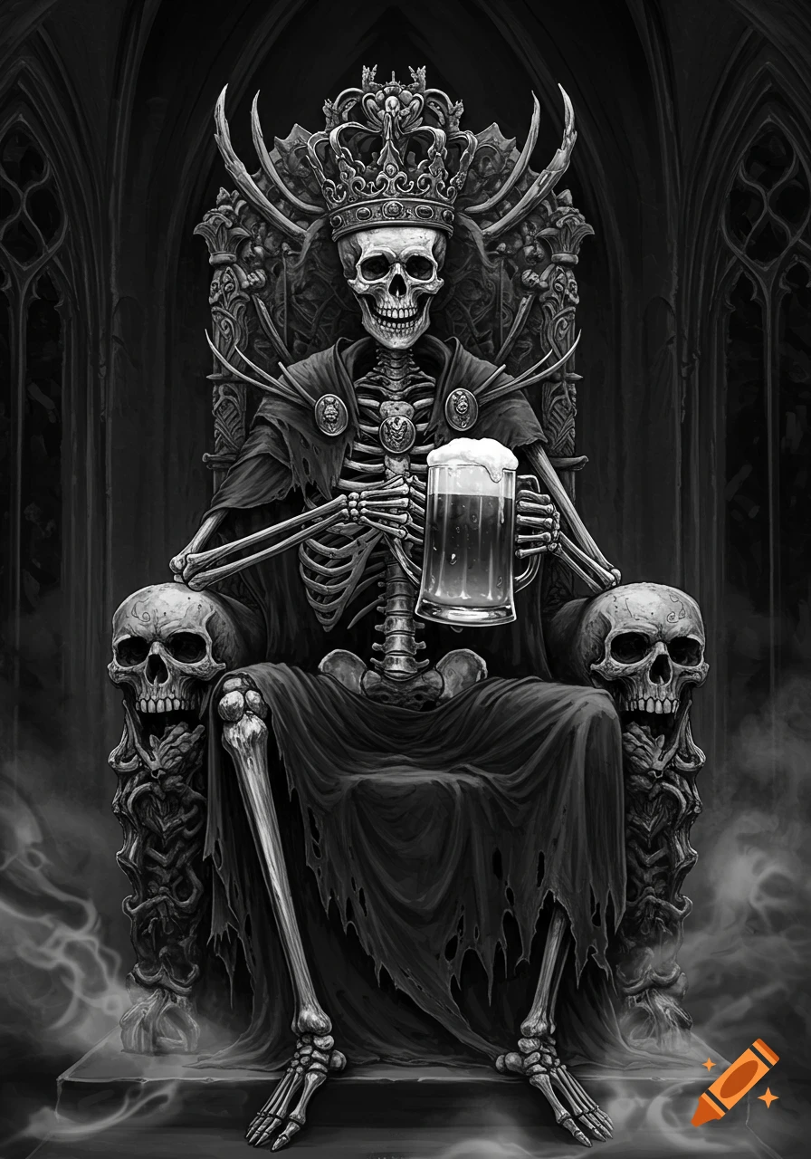 Monochromatic illustration of a crowned skeleton king sitting on an ornate throne, holding a frothy mug of beer.