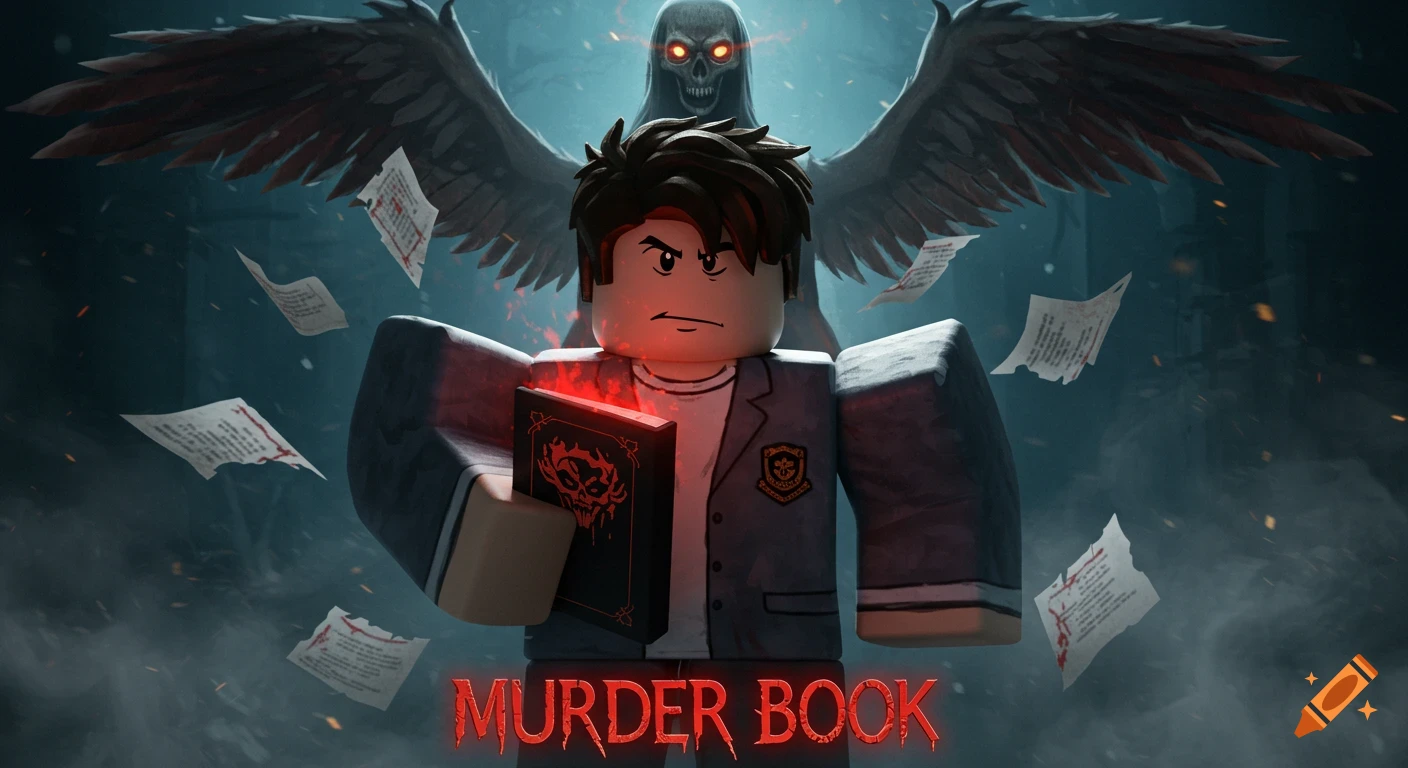 Roblox-style teen holds glowing book with torn pages; a gaunt winged creature looms in smoky background. Text: MURDER BOOK.