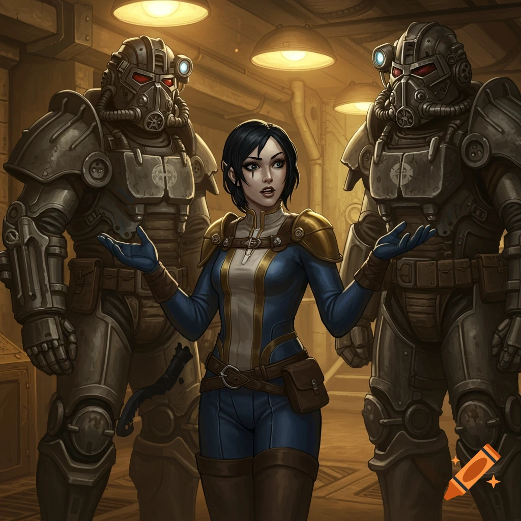 A surprised woman in a blue vault suit stands between two armored Brotherhood of Steel figures in a metallic room, in a detailed sci-fi art style.