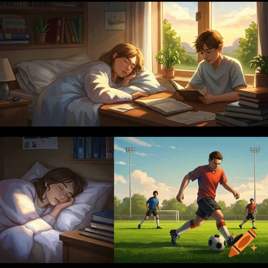 An illustration showing three panels: a girl sleeping, a boy studying at a desk, and boys playing soccer on a field.