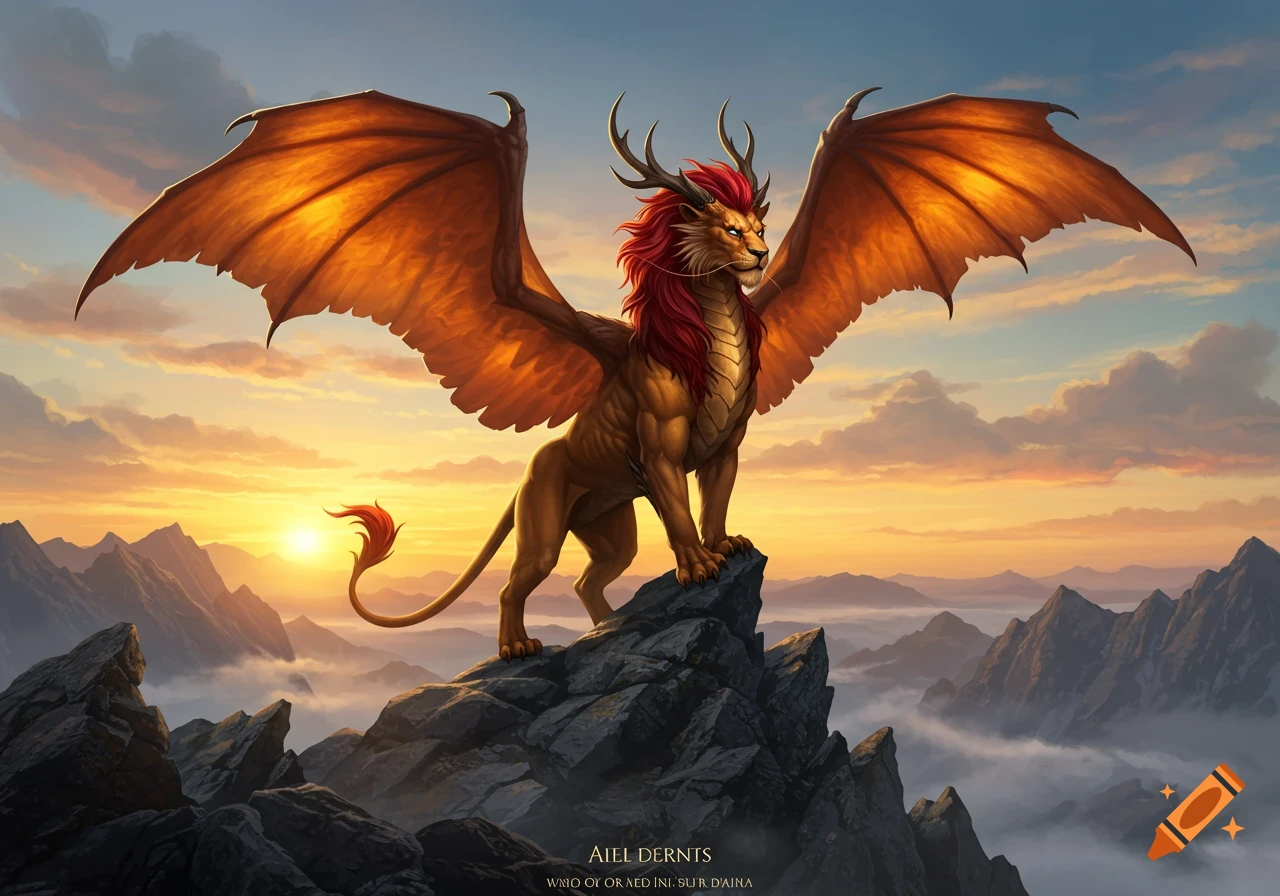 A majestic lion-dragon hybrid with red mane and antlers stands on a rocky peak at sunset over a mountain range.
