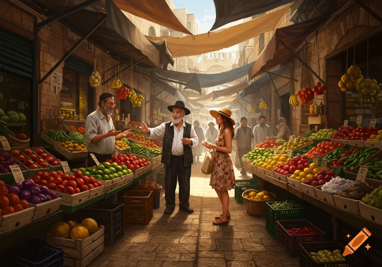 A vibrant outdoor market scene with a seller showing produce to a woman, surrounded by colorful fruit and vegetable stalls.