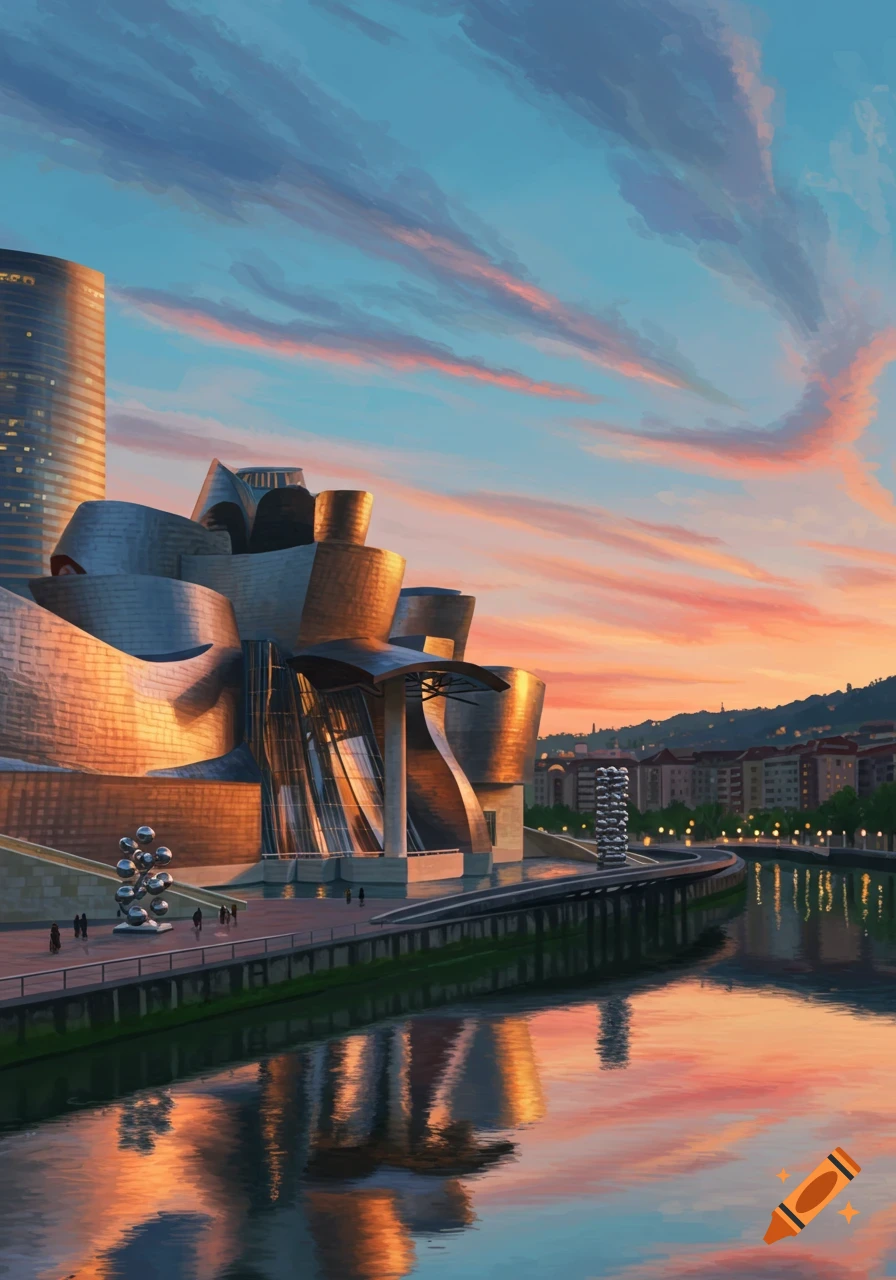 Painterly view of the Guggenheim Museum Bilbao at sunset, its metallic curves reflecting colorful sky over a river.