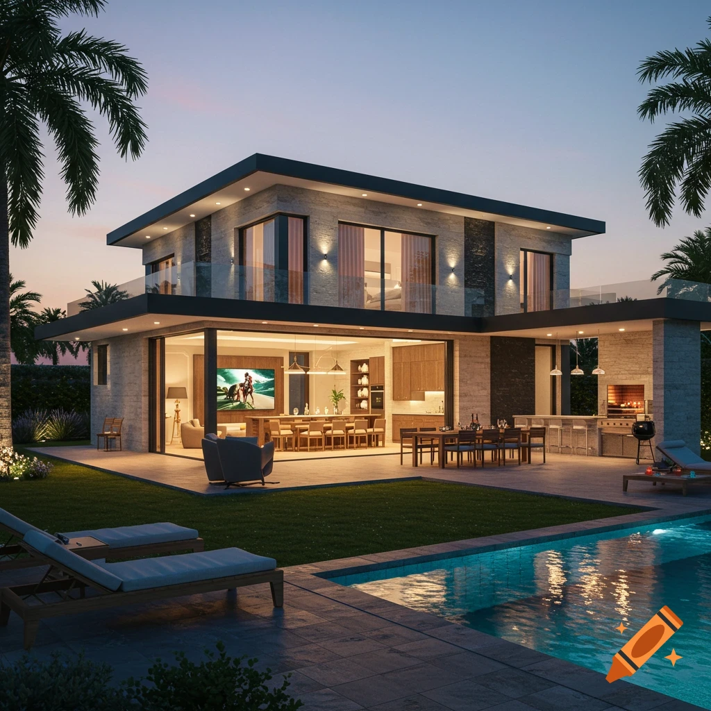 A luxurious modern villa at dusk, featuring a swimming pool, outdoor patio with dining and barbecue areas, and palm trees.