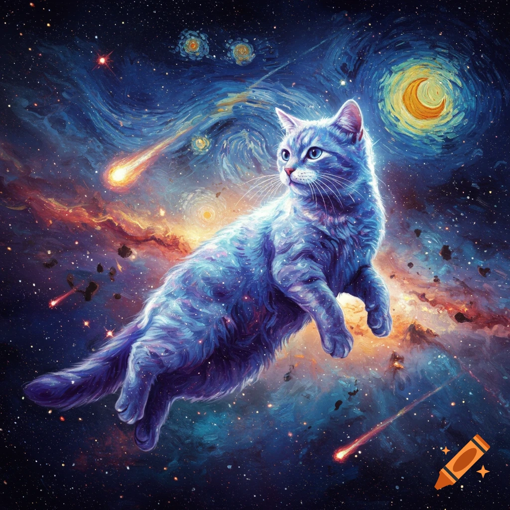 A luminous blue cat floats in a Van Gogh-inspired starry night sky with a crescent moon and swirling nebulae.