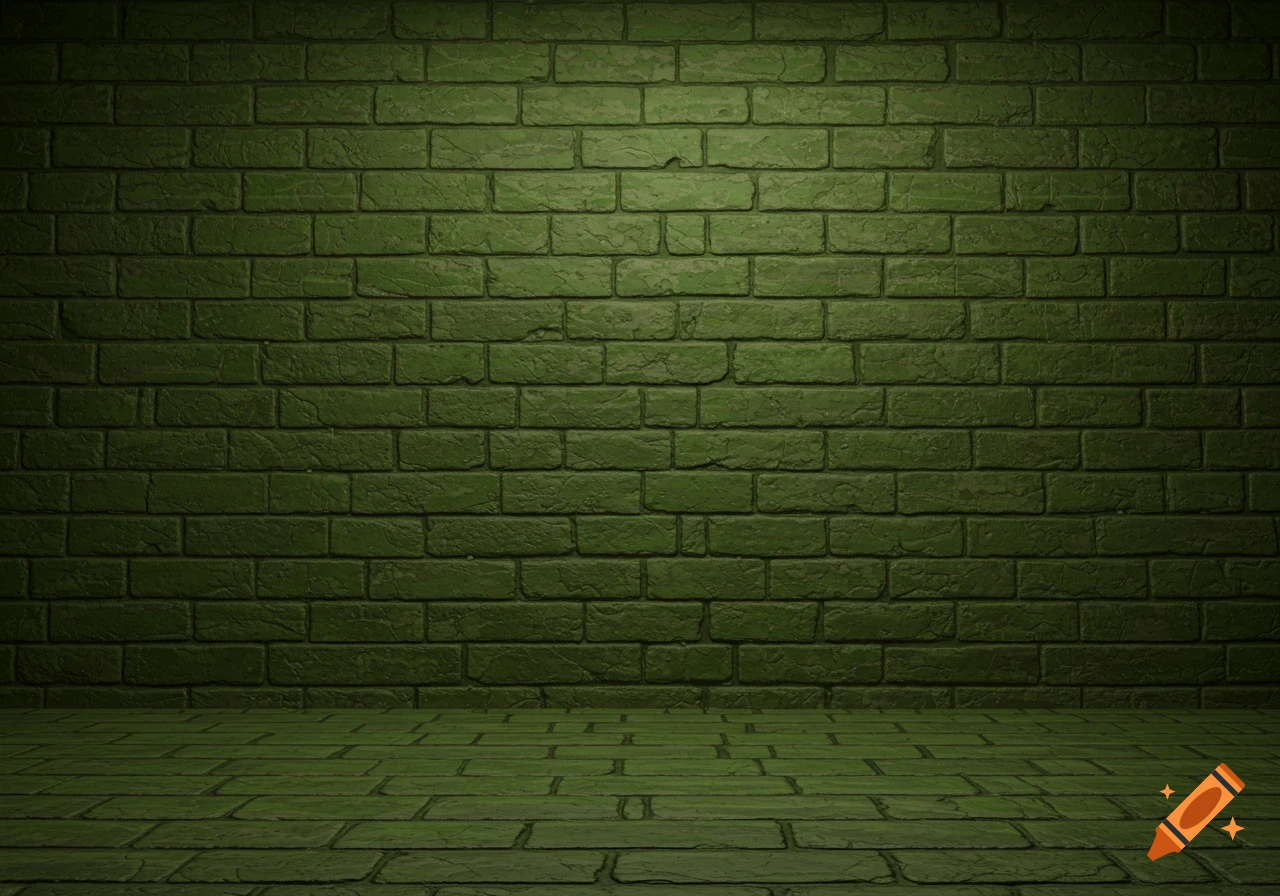 A dimly lit room with green brick walls and floor.