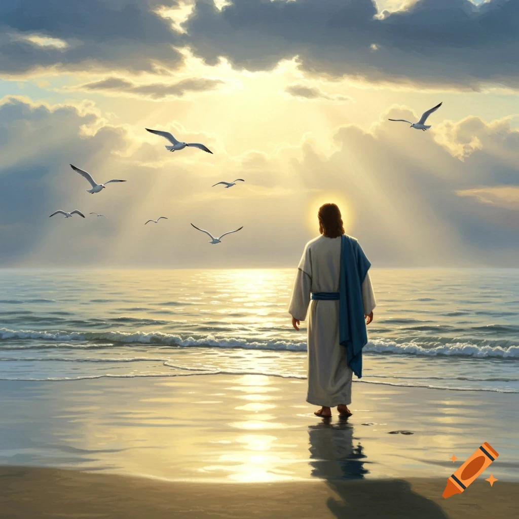 Digital painting of Jesus walking on a sun-drenched beach as seagulls fly over the ocean at sunrise.