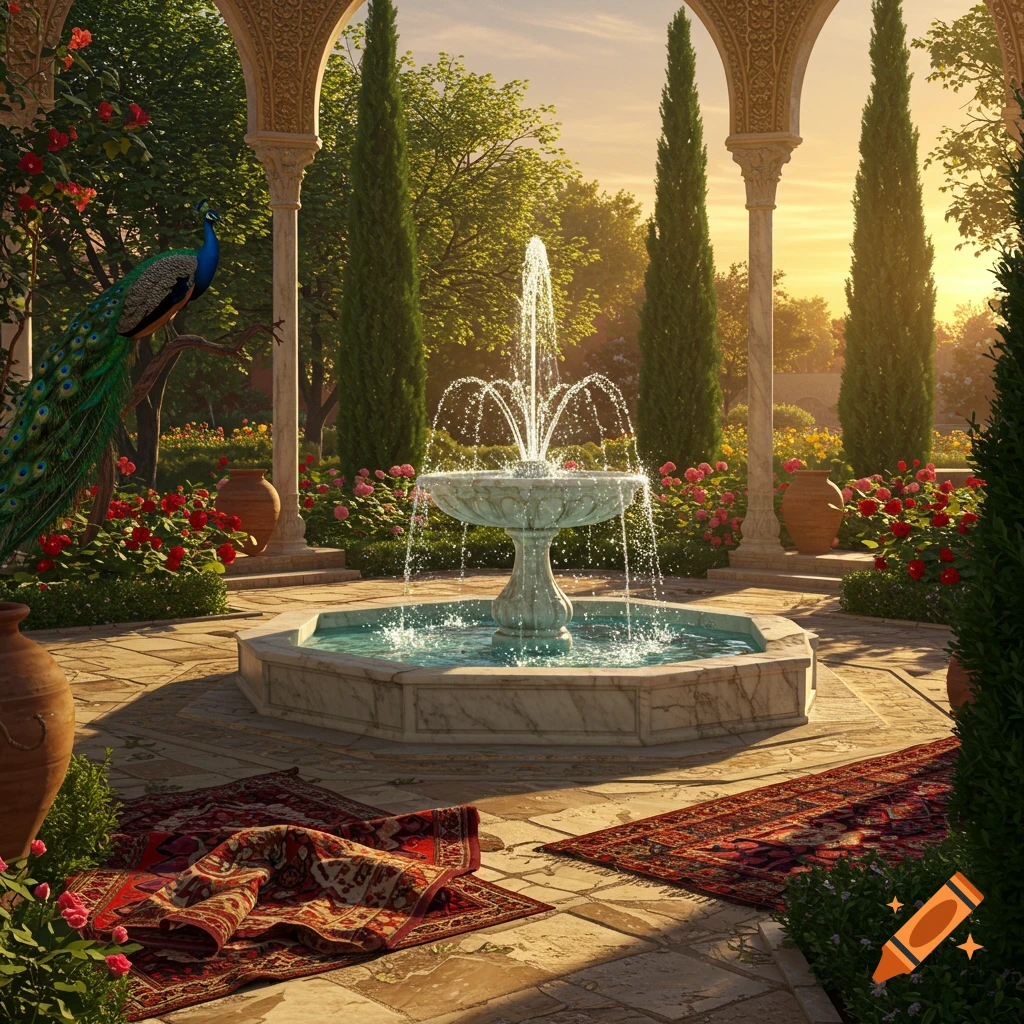Photorealistic ornate garden with a central tiered fountain, elegant archways, cypress trees, rose bushes, and a peacock at sunset.