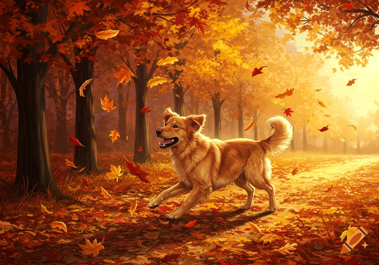 An illustrated golden-brown dog bounds through a sunlit autumn forest path covered in red and orange fall leaves.