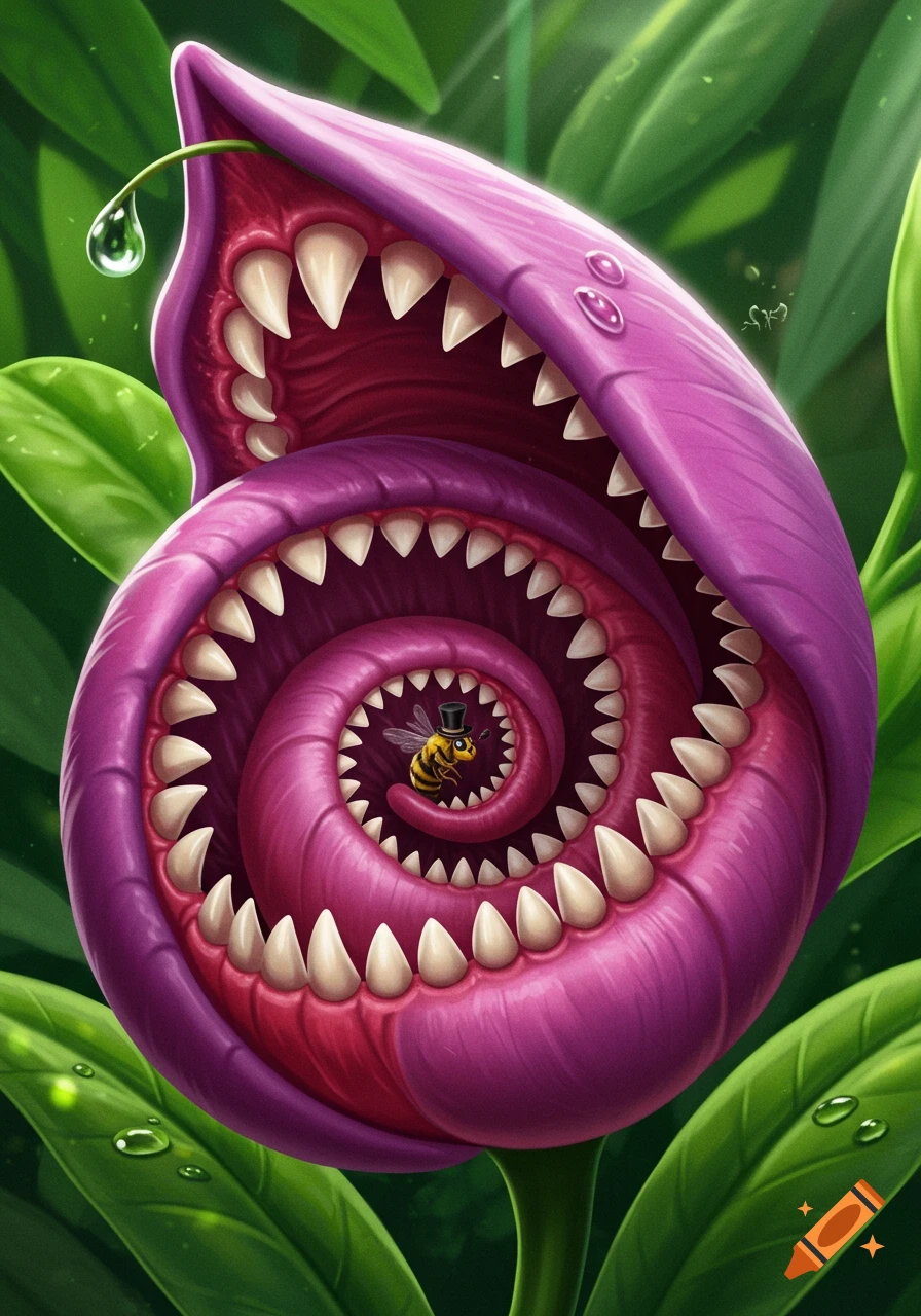 A vibrant cartoon of a purple carnivorous plant with sharp teeth forming a spiral, about to consume a tiny bee in a top hat.
