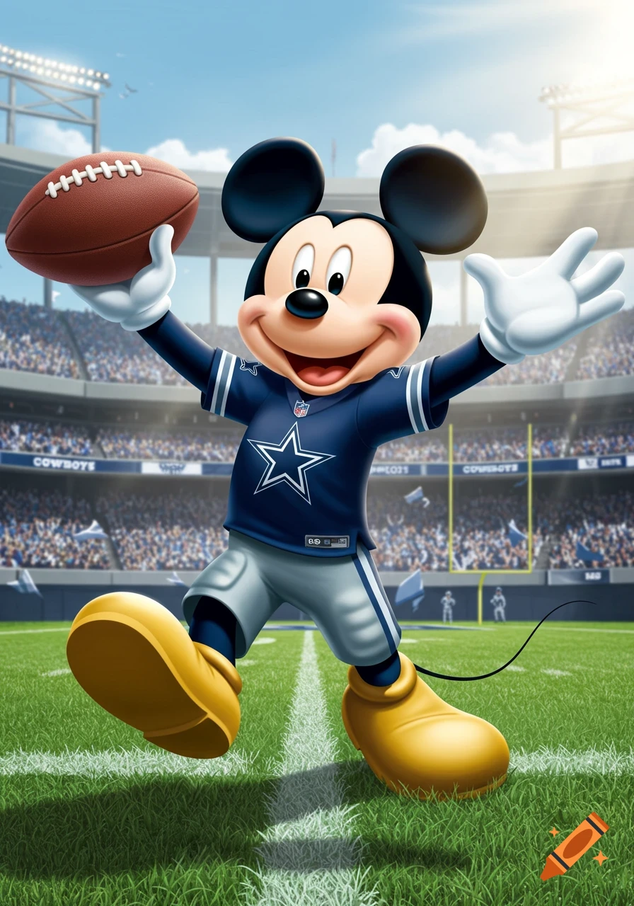 Cartoon Mickey Mouse in a Dallas Cowboys jersey holding a football on a grassy field in a stadium.