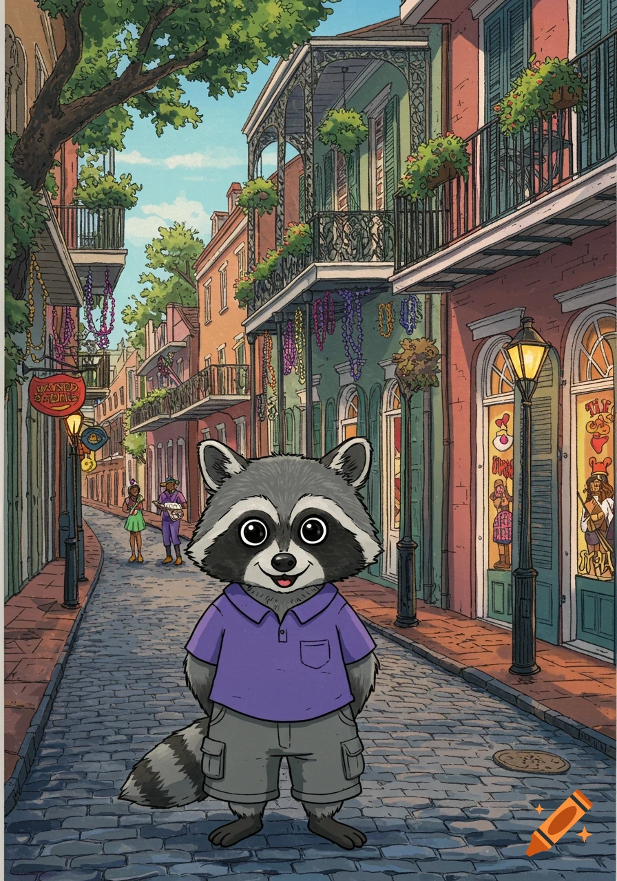 A cute cartoon raccoon in a purple shirt and cargo shorts stands on a cobblestone street in the French Quarter, New Orleans, with historic buildings.