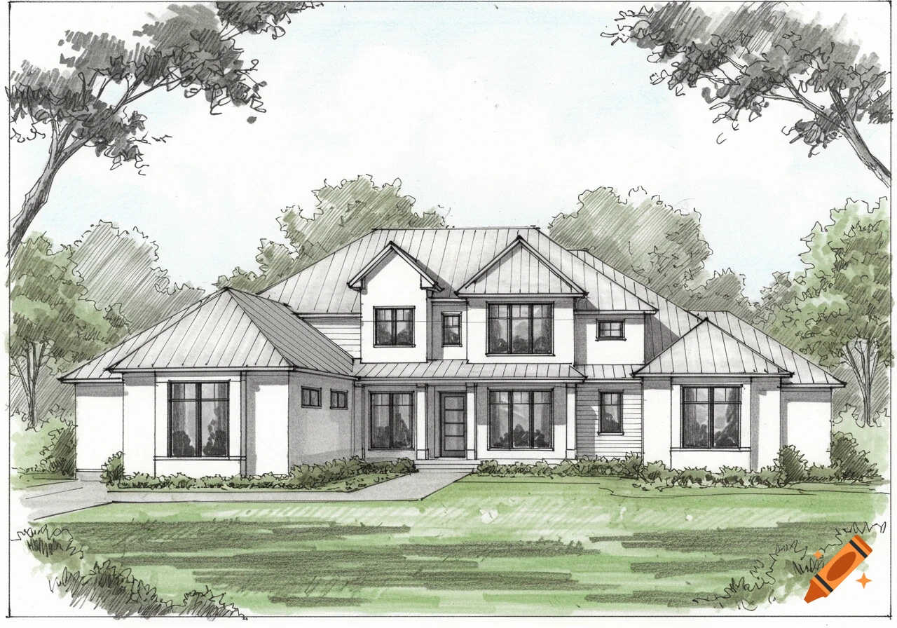 A sketch drawing of a modern white house with a pewter roof and black windows, surrounded by trees and a green lawn.