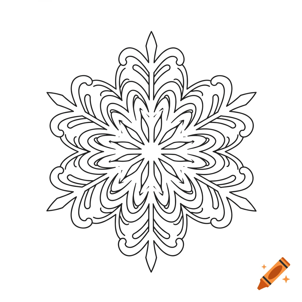 A simple black and white line art snowflake mandala coloring page on a white background.