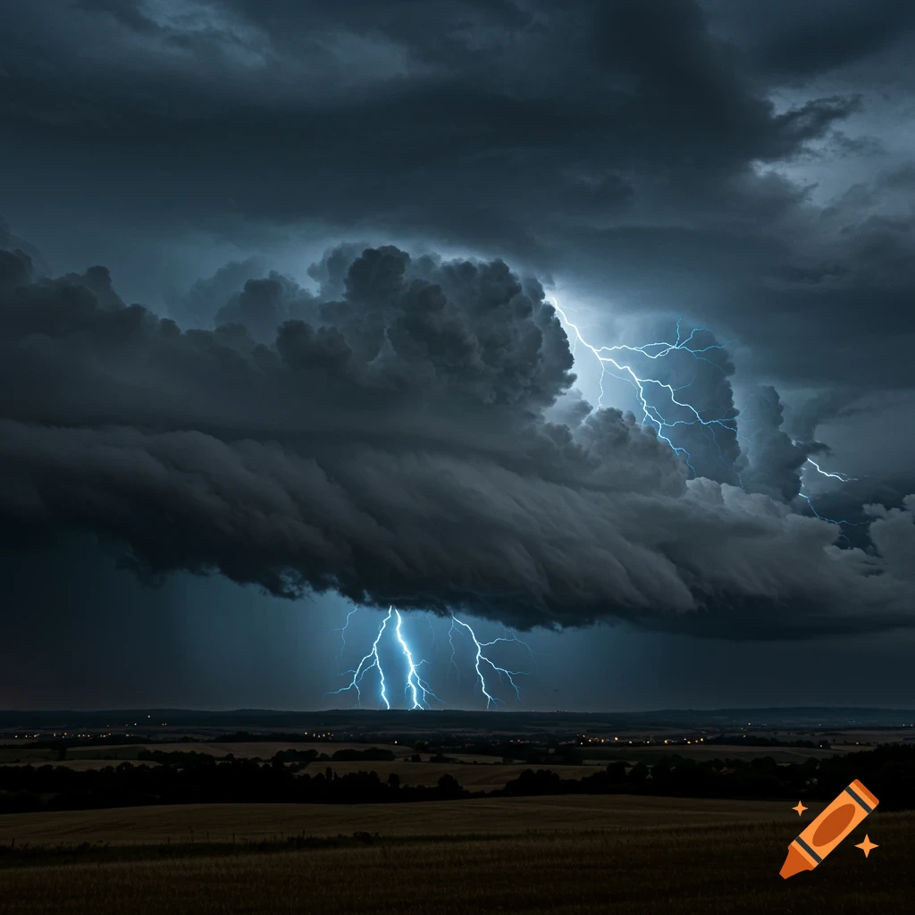 Dramatic photo of bright blue lightning striking through dark storm clouds over a dark landscape with fields and distant lights.