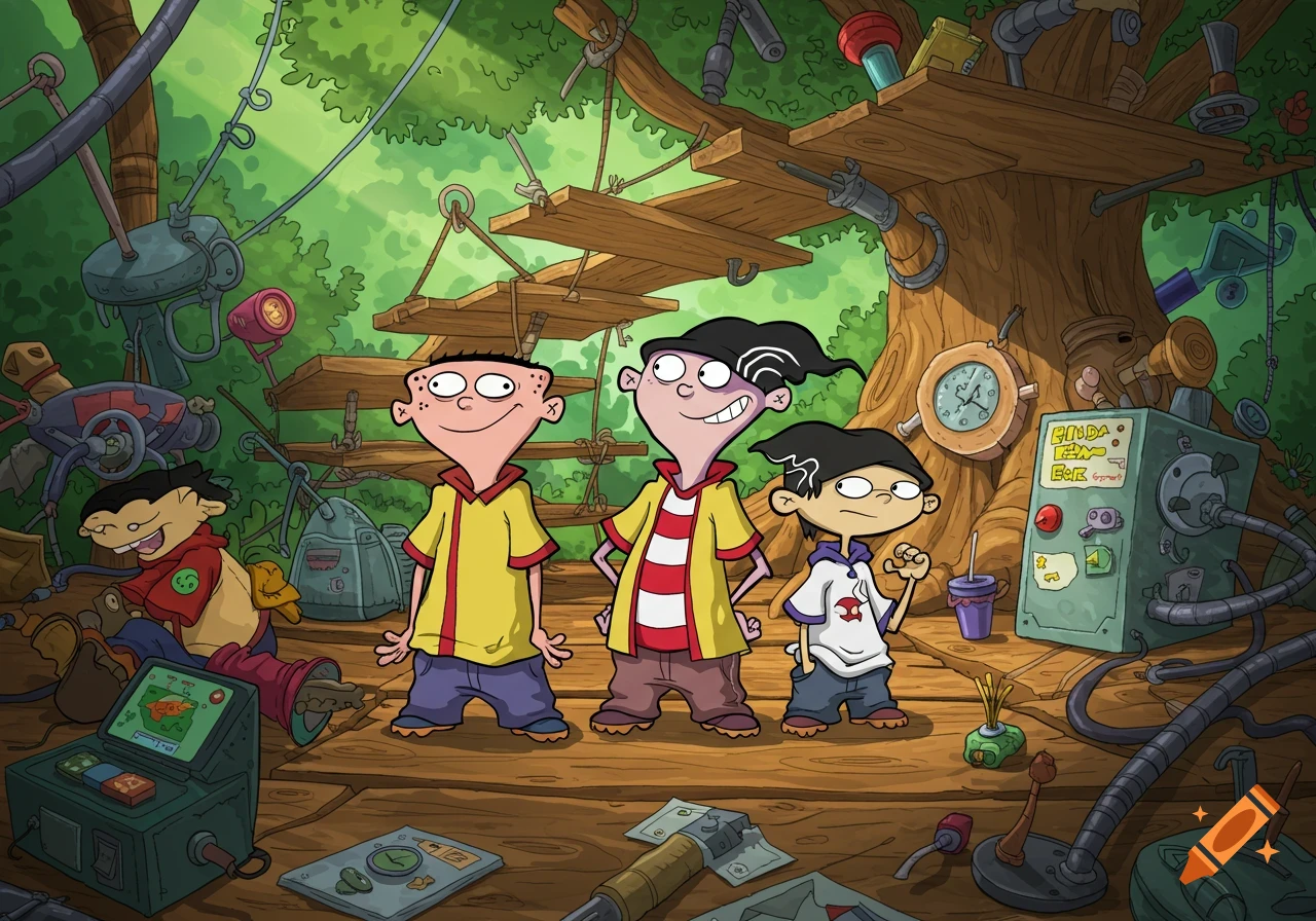 Ed, Edd n Eddy characters in a treehouse hideout with various contraptions, in a cartoon style.