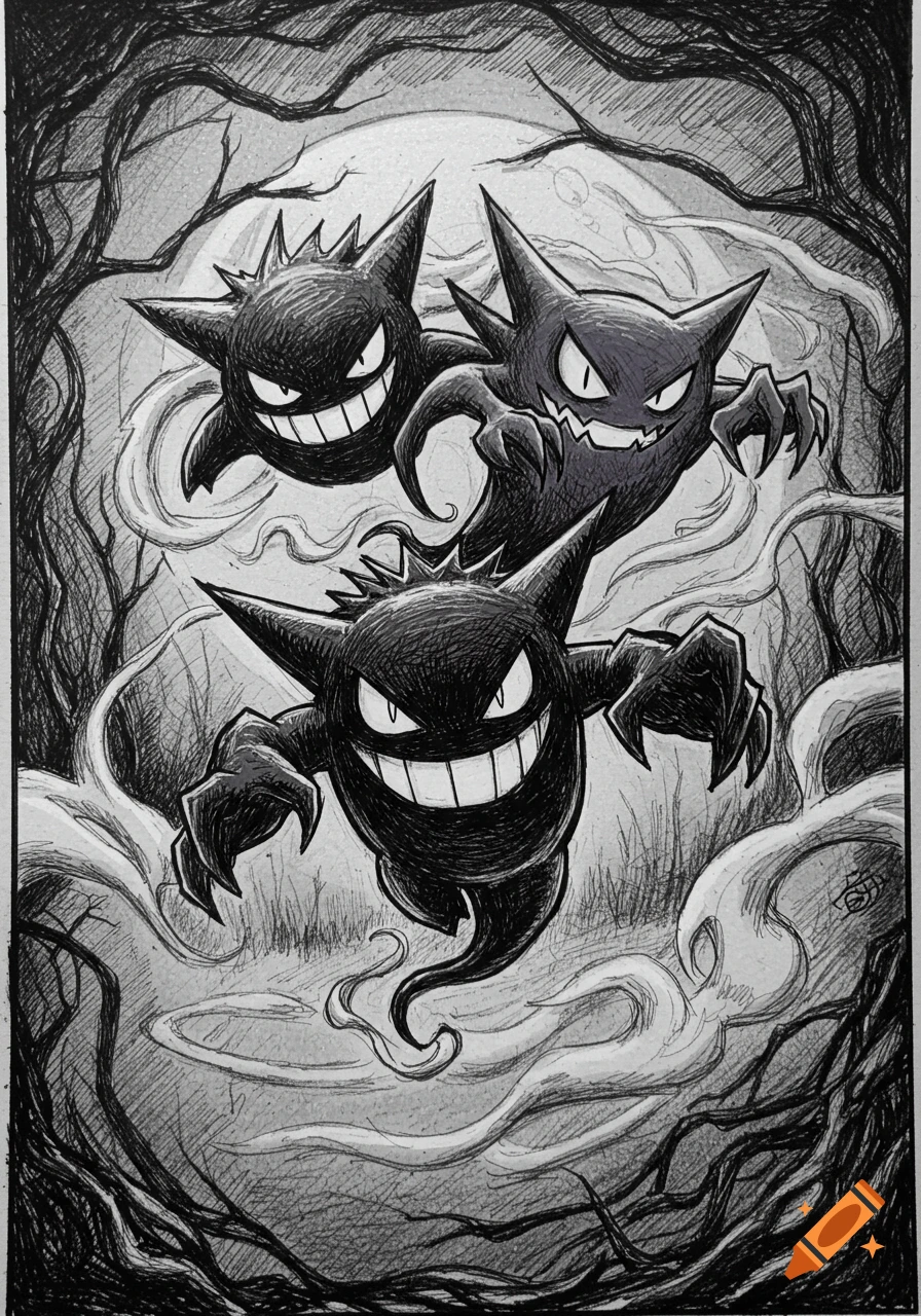 Three grinning, dark ghost Pokemon, Gastly, Haunter, and Gengar, in a spooky, mist-filled, black and white Tim Burton-style sketch forest.