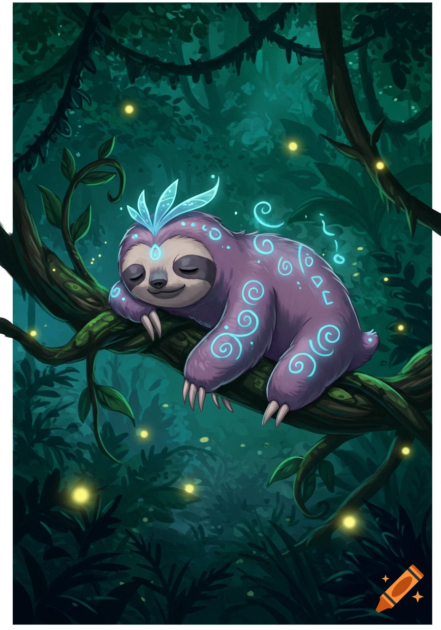 A cute, mystical purple sloth with glowing blue tribal patterns sleeps on a tree branch in a dark, lush jungle with fireflies.