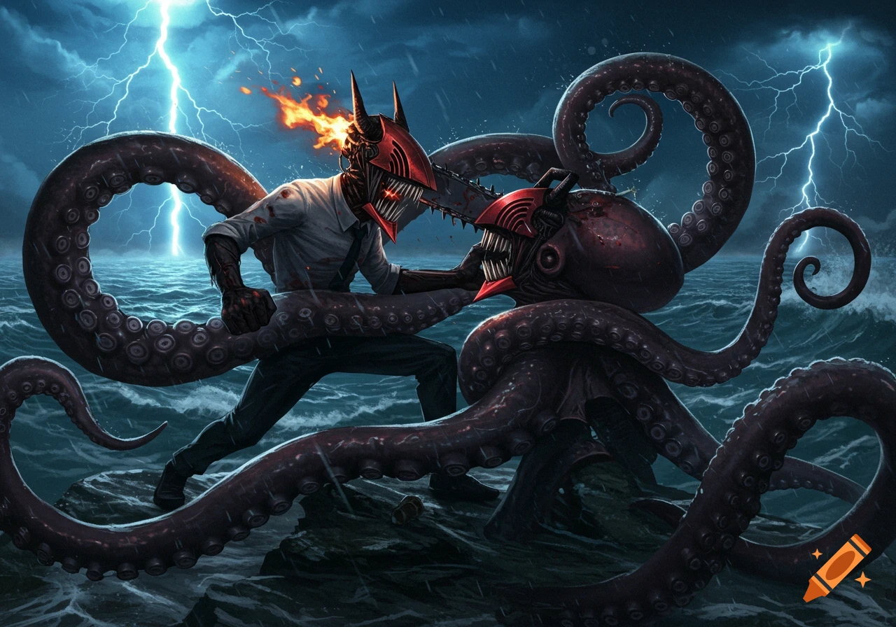Chainsaw Man-like figure with a chainsaw head battles a giant, dark octopus in a stormy sea with lightning, in a comic book art style.