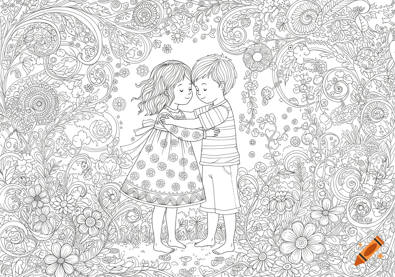 Black and white line art coloring page of two children hugging, surrounded by intricate floral patterns.