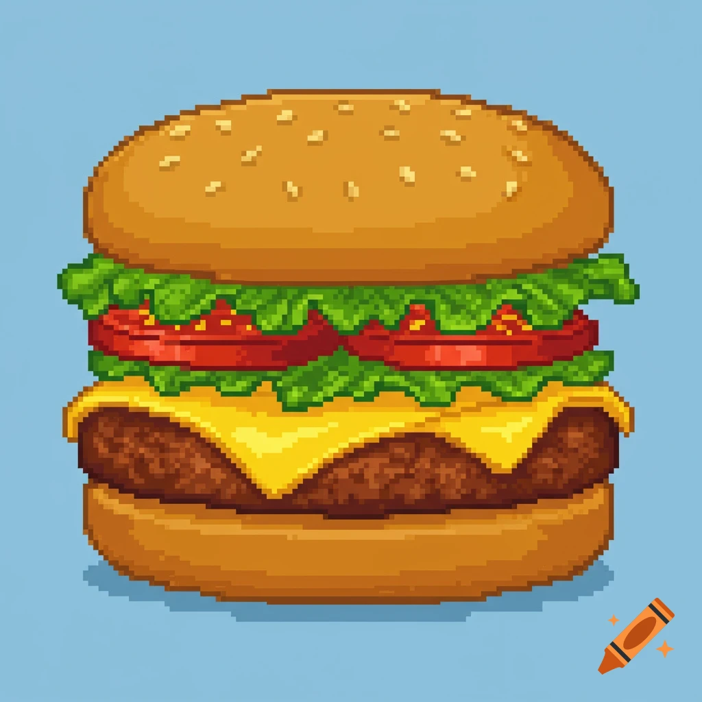 A detailed pixel art burger with a patty, melting cheese, two tomato slices, and lettuce on a sesame seed bun, against a light blue background.