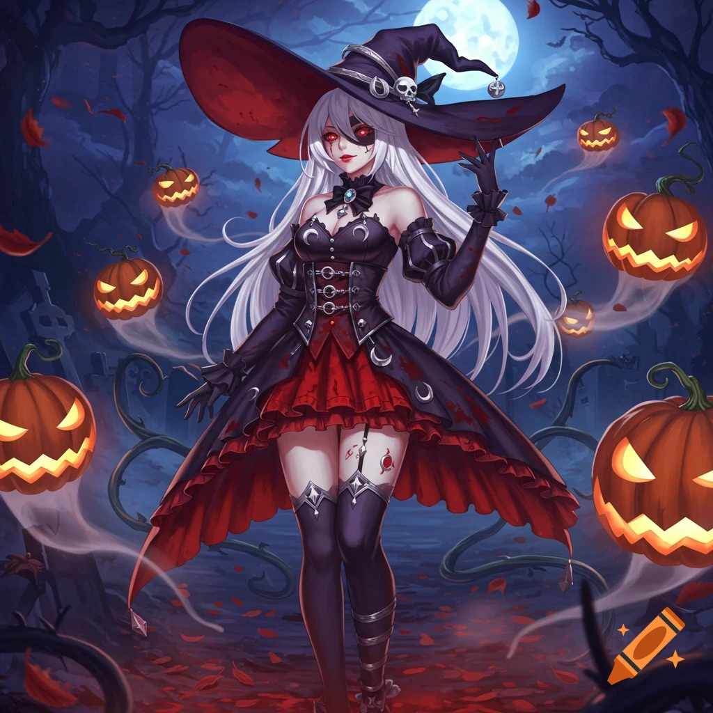 White-haired anime witch in a black and red Halloween dress stands in a spooky graveyard with glowing jack-o'-lanterns under a full moon.