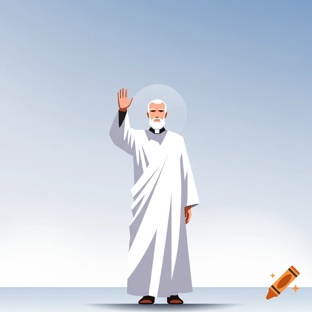 A simple drawing of a white-bearded man in a white robe with a clerical collar and a halo, waving. He stands against a light blue background.