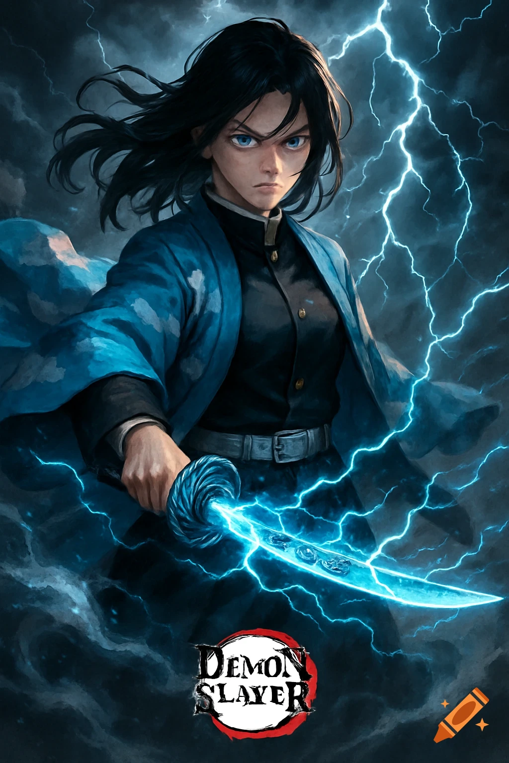 An anime-style female warrior from Demon Slayer, with dark hair and blue eyes, in a blue haori and black uniform, wields a glowing blue lightning katana amidst a storm. Demon Slayer logo at bottom.