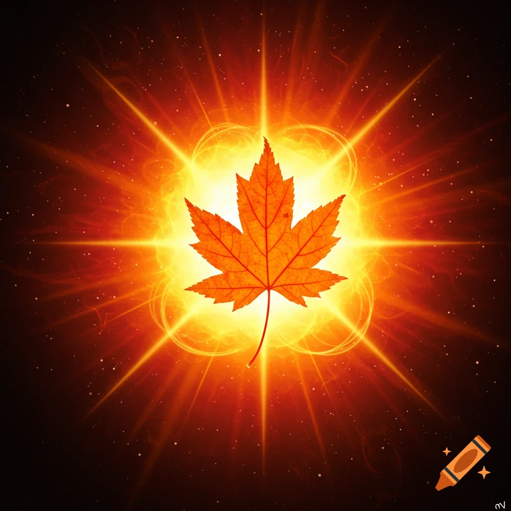 Vibrant digital art of an orange autumn leaf centered within a glowing, radiant sunburst.