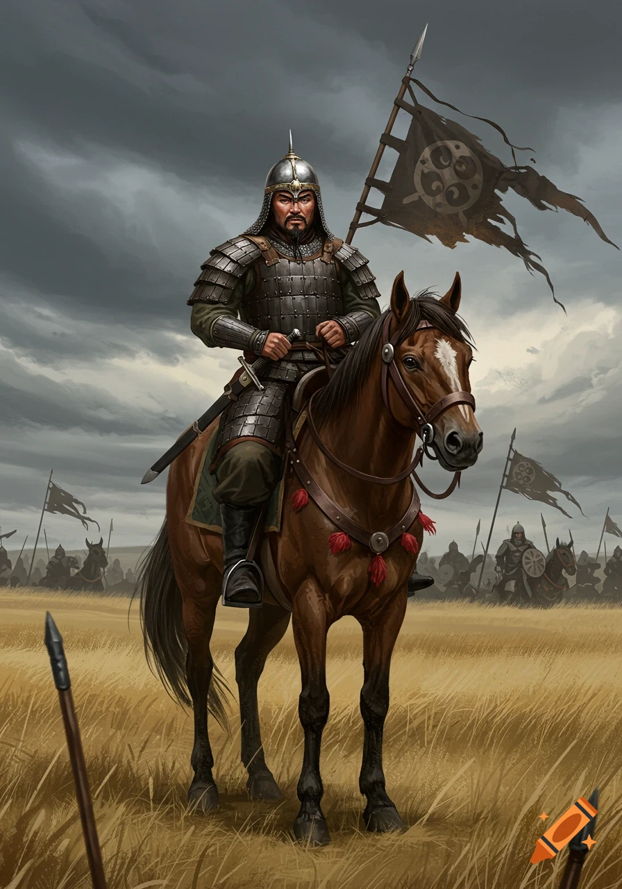 A Mongol warrior in intricate battle armor sits on a brown horse, holding a sword and a tattered flag, with an army in a field under a stormy sky.