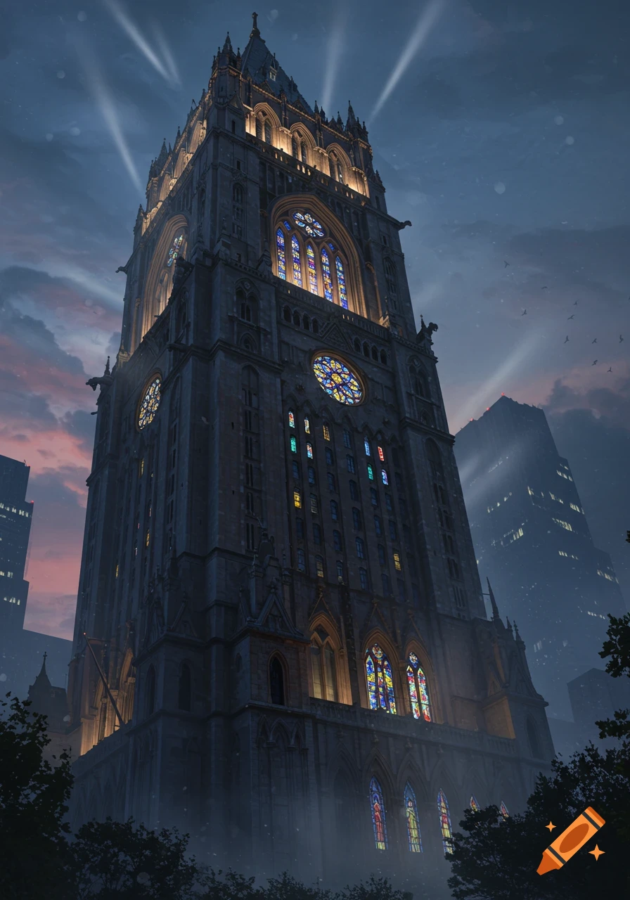 A towering gothic-revival skyscraper with stained glass windows illuminated by spotlights at dusk in a city.
