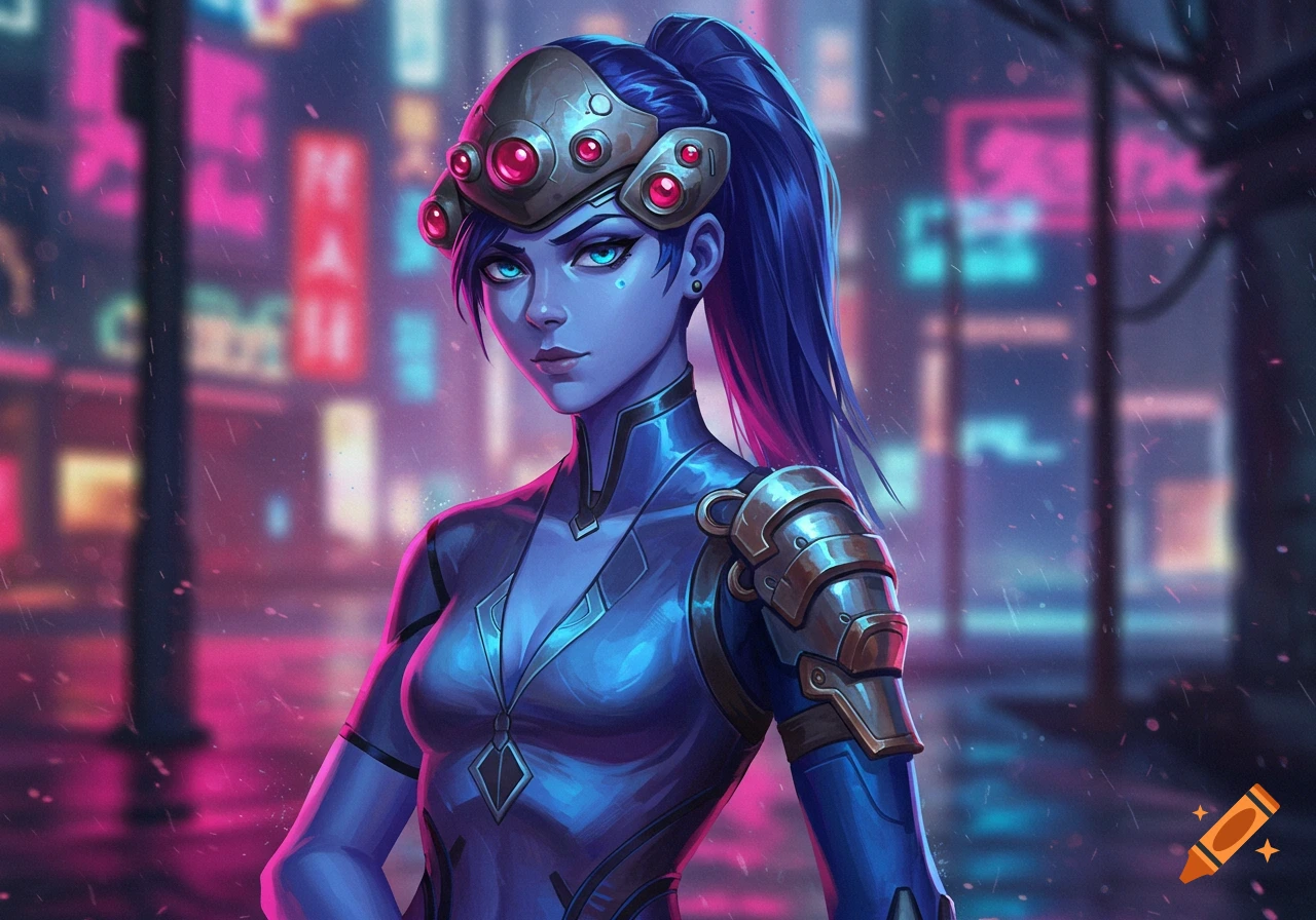 A blue-skinned woman with a metallic headpiece and armored suit stands in a rainy neon cyberpunk city, digital art.