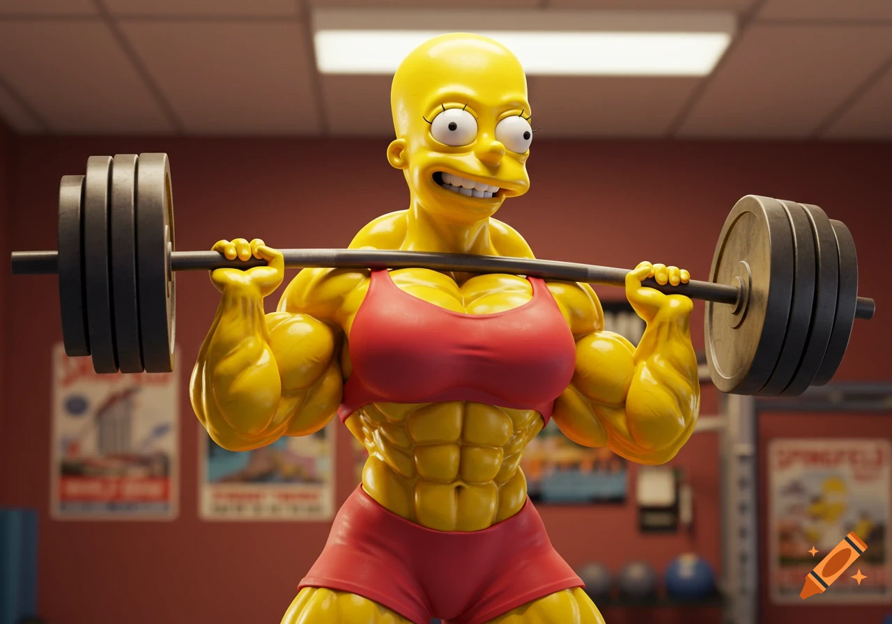 A muscular, bald, yellow-skinned female character resembling Bart Simpson, wearing a red sports bra and shorts, lifts a barbell in a gym.