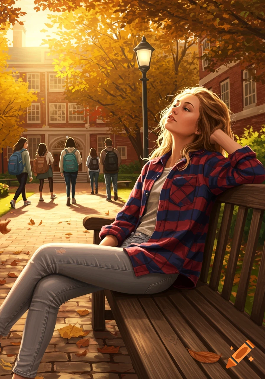 A young woman in a plaid shirt sits on a bench on a sunny autumn college campus, looking up at the golden leaves. Digital art.