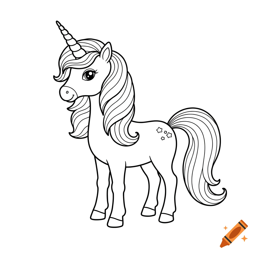 Black and white line drawing of a cute cartoon unicorn with a swirly mane, tail, and three small stars on its flank.