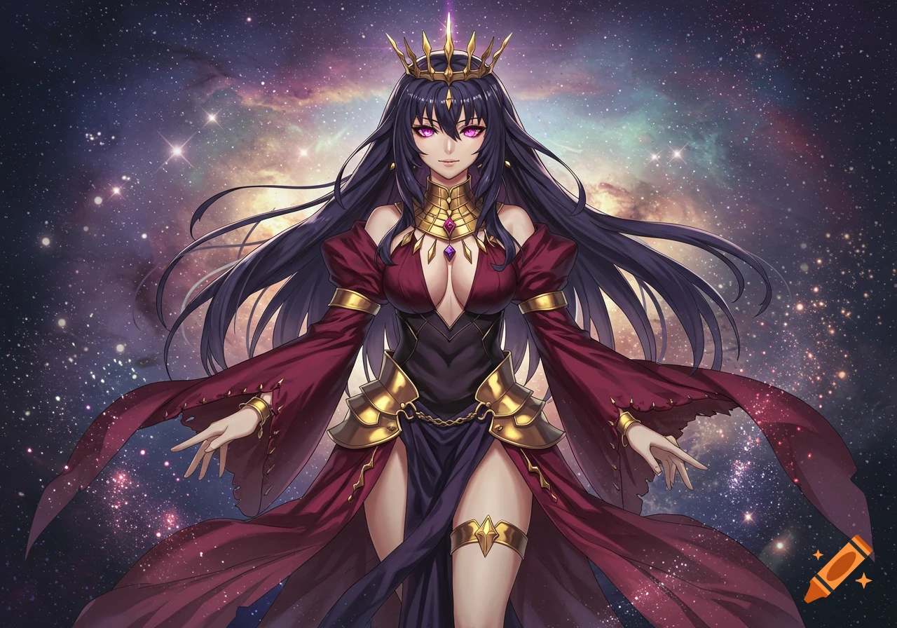 Anime illustration of a dark-haired queen with purple eyes and a golden crown in a red and gold dress, standing against a cosmic background.