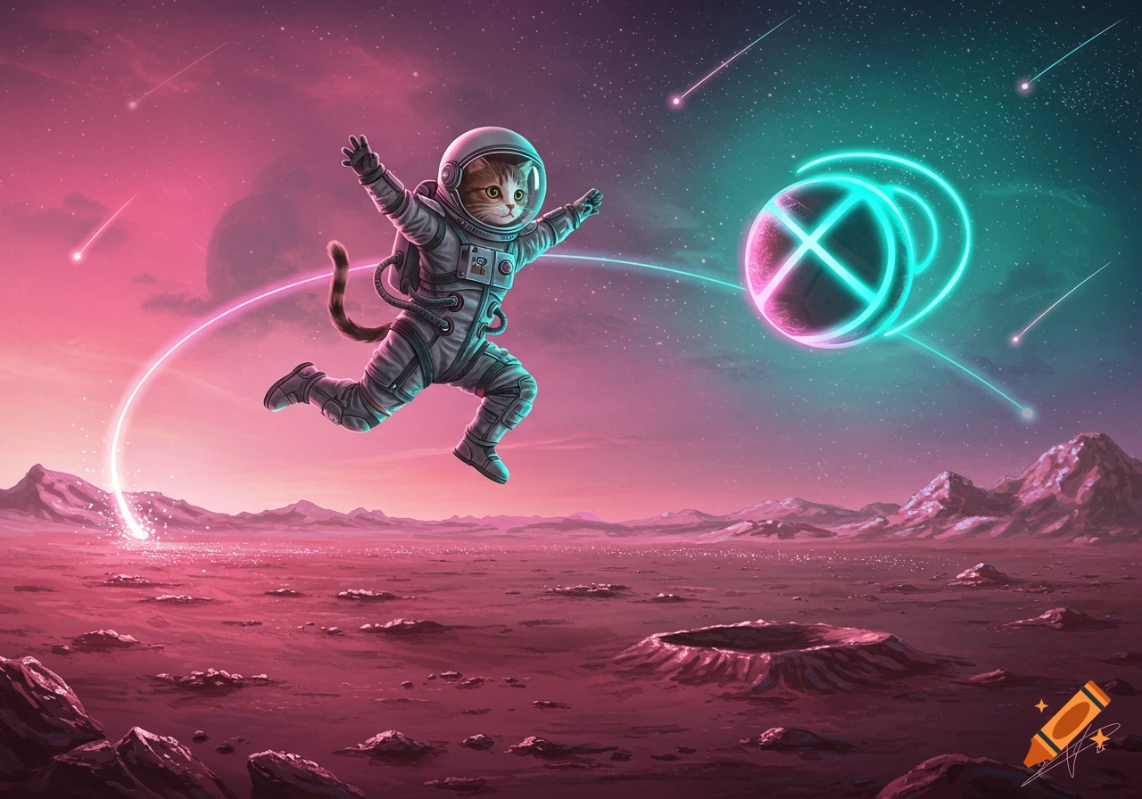 A cartoon cat astronaut runs across a pink alien planet towards a glowing neon orb under a vibrant pink and teal space sky with shooting stars.