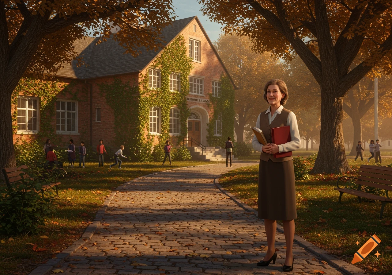 A smiling teacher holds books, standing on a cobblestone path in front of a brick school building with ivy in autumn. Children play on the grass.