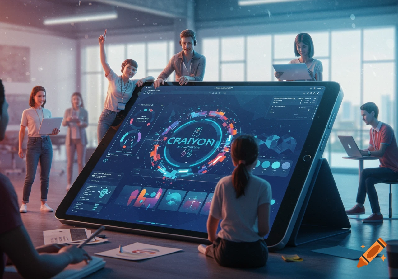 A diverse group of people in a modern office looking at a giant tablet displaying data and the word "CRAIYON" in a futuristic interface. Photorealistic style.
