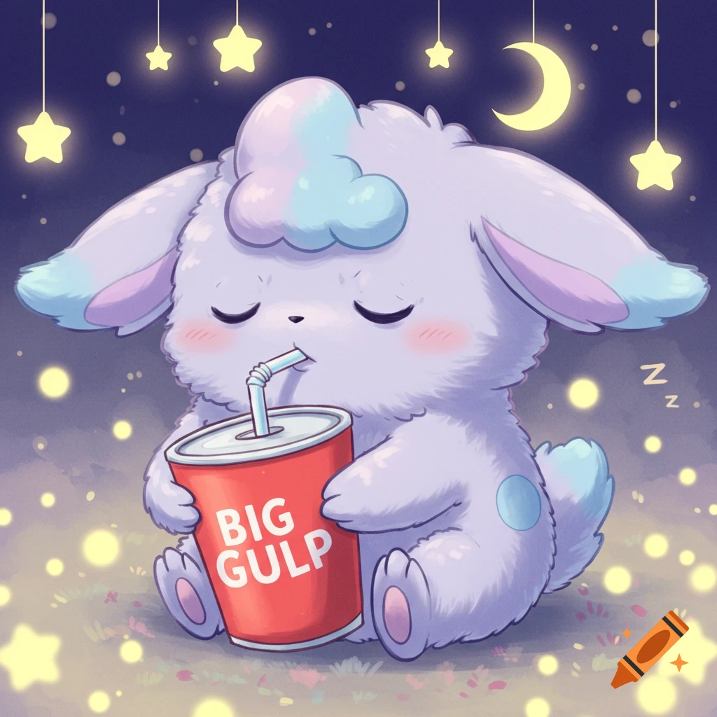 A sleepy, fluffy, lavender and blue pokemon-style character sits under a starry night sky, drinking from a red 'BIG GULP' cup with a straw.
