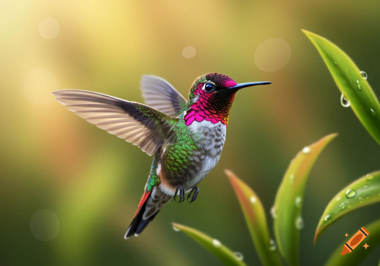 A vibrant hummingbird with shimmering pink and green feathers, wings spread, in a soft, bright nature background with dewy leaves.