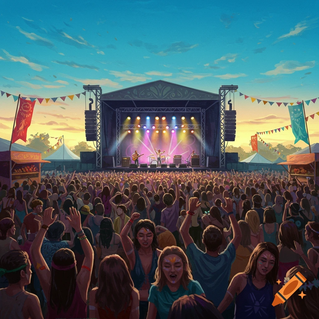 A vibrant illustration of a music festival at sunset, with a band playing on a brightly lit stage to a large, cheering crowd.