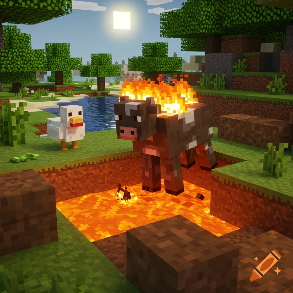 A Minecraft cow on fire stands in a lava pit while a chicken watches nearby in a blocky, sunlit landscape.