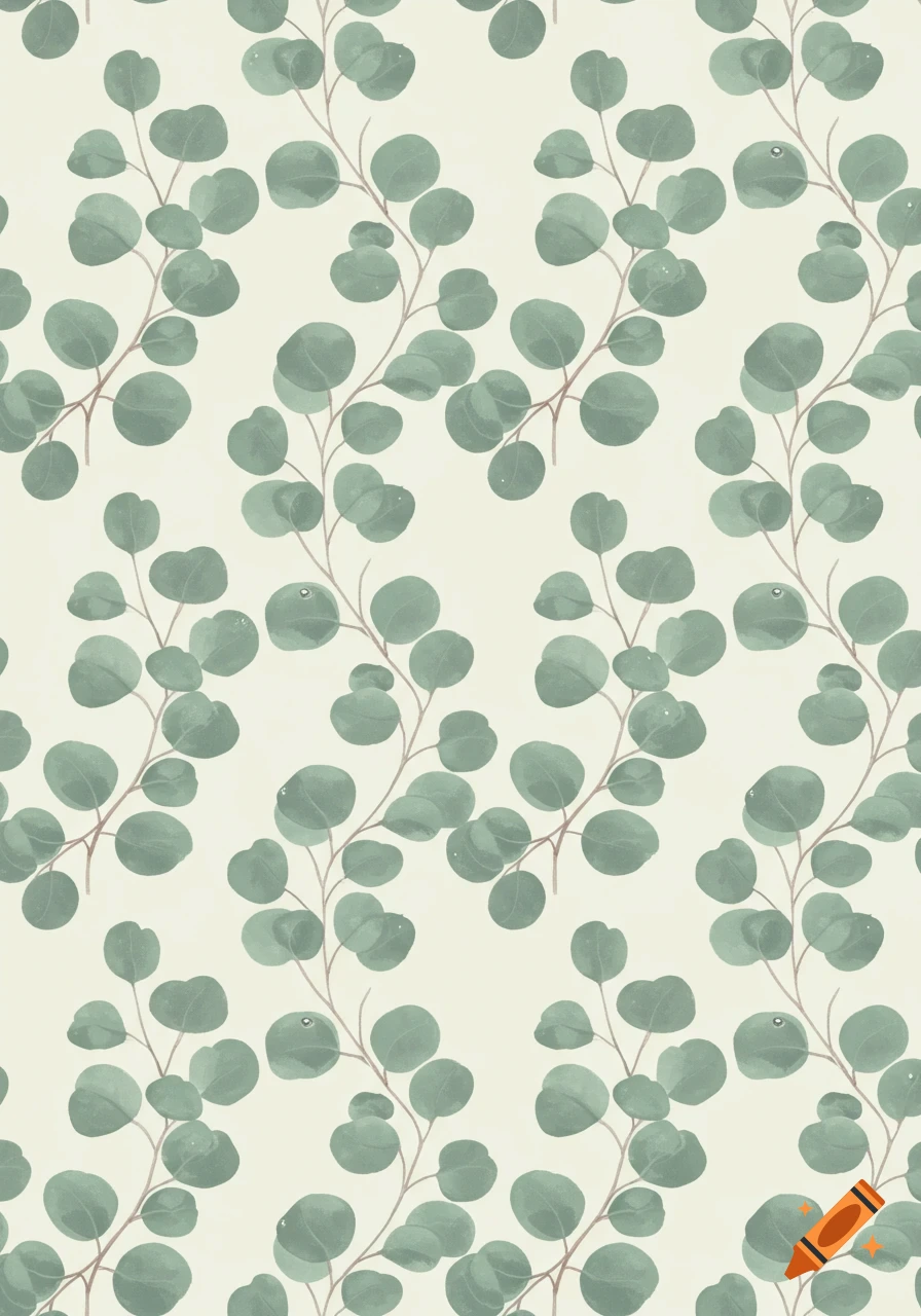 Seamless pattern of watercolor eucalyptus leaves and branches on a light cream background.
