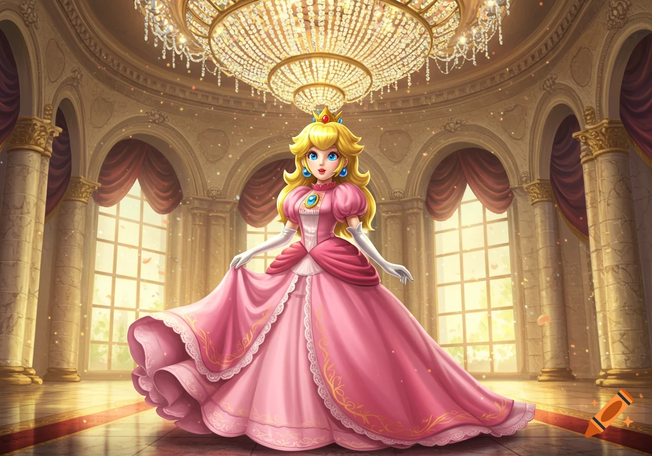 Princess Peach in a flowing pink gown stands in a grand ballroom under a crystal chandelier, illuminated by windows.
