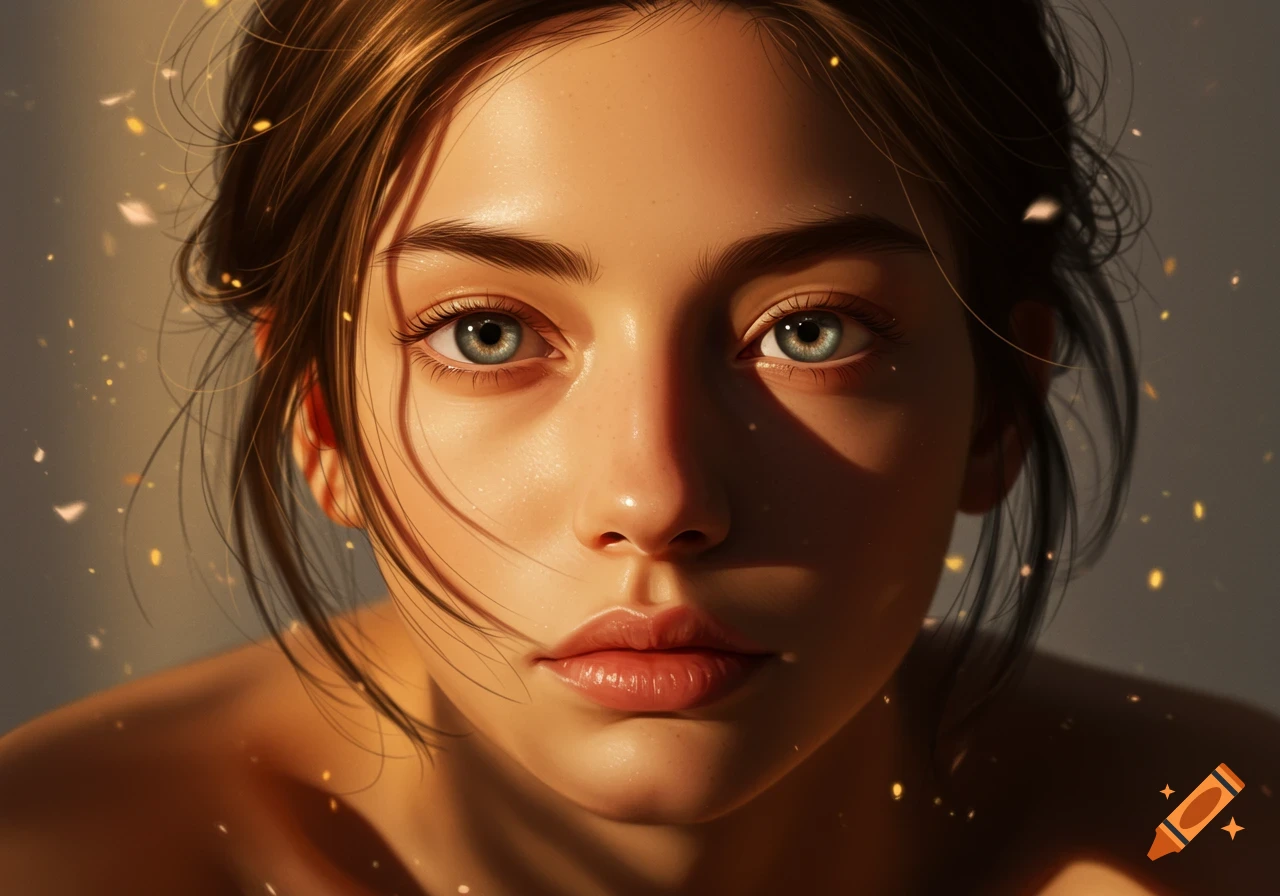 Digital portrait of a woman with blue eyes, surrounded by glowing golden light.