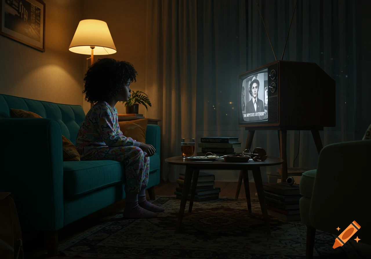 A young black girl watches an old TV in a dimly lit living room, bathed in the glow of the screen and a lamp.