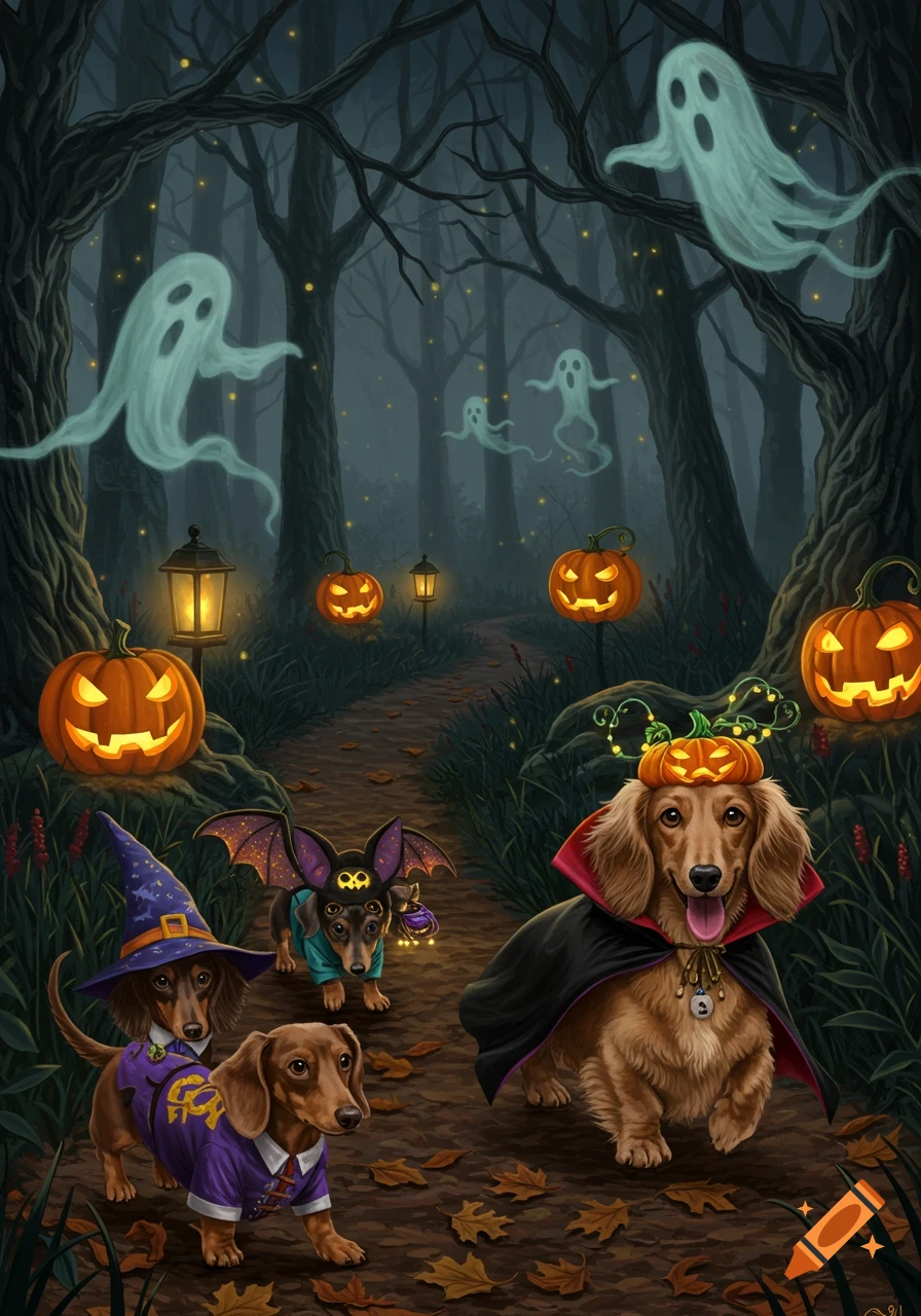 Four dachshunds in Halloween costumes, including a witch, bat, and vampire, walk a forest path lined with glowing jack-o'-lanterns and floating ghosts.